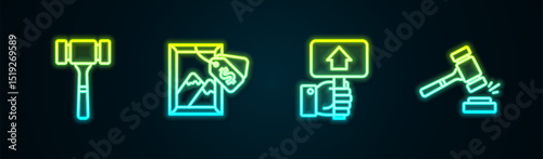 Set line Auction hammer, painting, Hand holding auction paddle and . Glowing neon icon. Vector