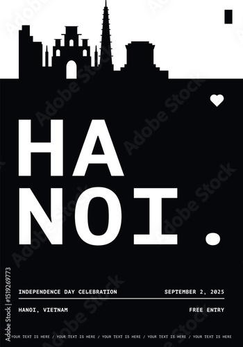 Hanoi typography minimalist vector poster for national event, public holiday, independence day, festival layout. Brochure, leaflet, flyer, presentation image template for Vietnam city