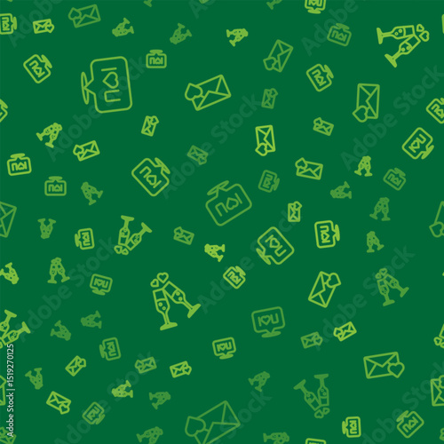 Set line Speech bubble text I love you, Glass of champagne and Envelope with Valentine heart on seamless pattern. Vector