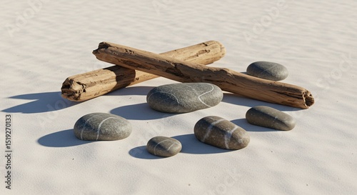 Driftwood and Smooth Stones on Sandy Beach Coastal Nature Photography photo