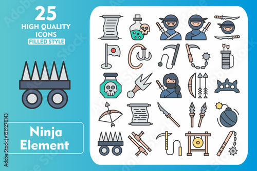 Ninja Element Line Filled Icon Set. Incleded Icons letter, Bottle, Ninja, Man, Japan, Japan Flag, Hook, Kusari, War, Quiver, Posion, Sai, Woman. Vector Icons Collection