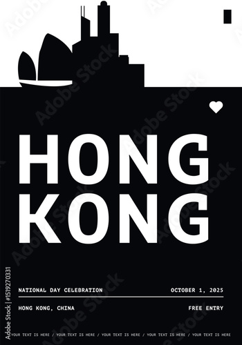 Hong Kong typography minimalist vector poster for national event, public holiday, independence day, festival layout. Brochure, leaflet, flyer, presentation image template for China city