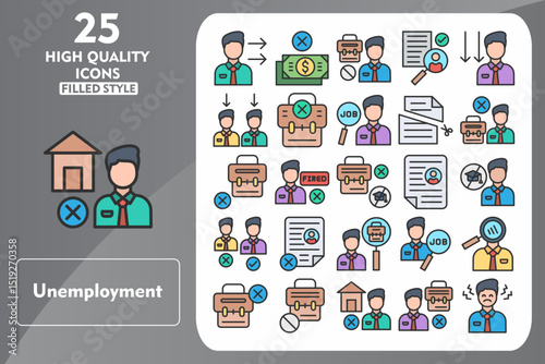 Unemployment Line Filled Icon Set. Incleded Icons Dismissal, Fired, Job Search, Recruiter, No Work, Job Loss, Homeless, Unemployed, Sadness, No Money. Vector Icons Collection