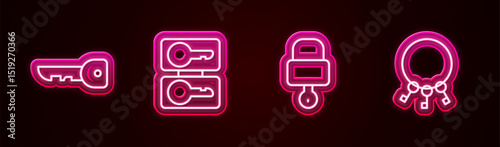 Set line Key, Casting keys, Lock and and Bunch of. Glowing neon icon. Vector