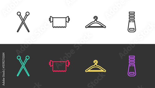 Set line Knitting needles, Textile fabric roll, Hanger wardrobe and Zipper on black and white. Vector
