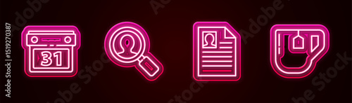Set line Calendar, Magnifying glass for search people, Resume and Cup of tea with tea bag. Glowing neon icon. Vector