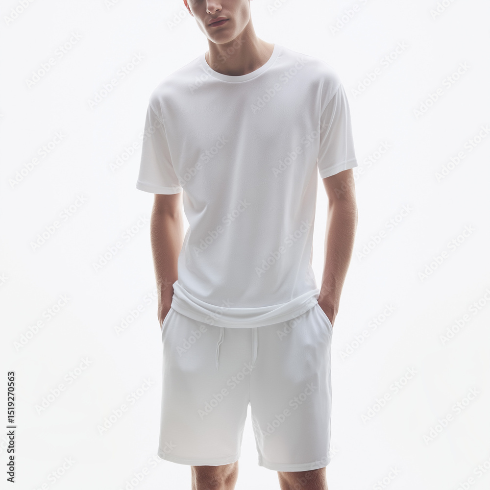 Men wearing a white, soft cotton, short-sleeved T-shirt and white shorts Men wearing a white, soft cotton, short-sleeved T-shirt and white shorts