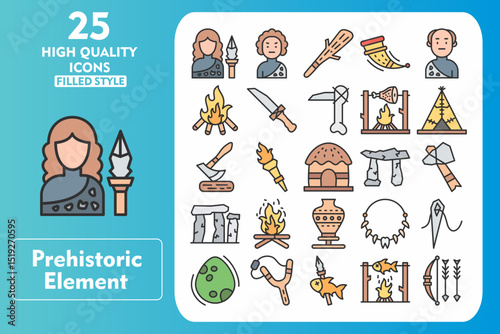 Prehistoric Element Line Filled Icon Set. Incleded Icons Hunter Female, Primitive, Cudgel, Horn, Old Man, Bonfire, Knife, Hoe, Cooking, Tent, Axe, Torch. Vector Icons Collection