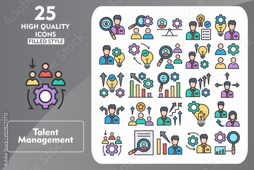 Talent Management Line Filled Icon Set. Incleded Icons Observation, Human Resources, Work Life Balance, Employee Qualification, Talent, Skills. Vector Icons Collection