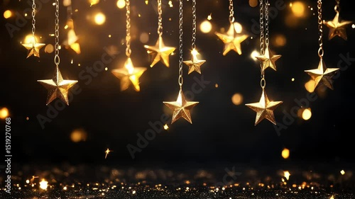hanging golden stars glowing in black bokeh lights festive background