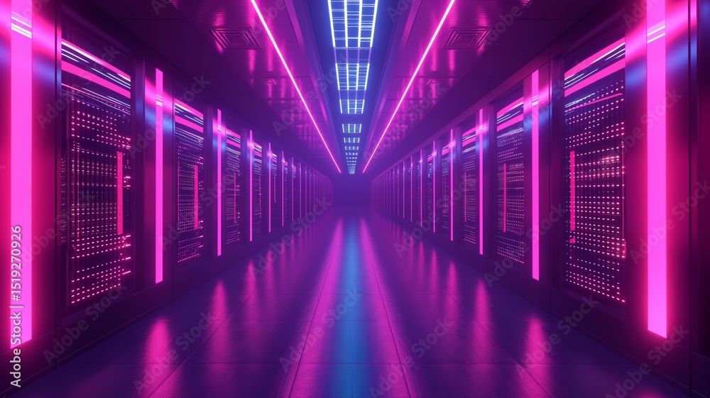 Fototapeta premium High-tech data center with vibrant neon lighting showcasing advanced cloud storage infrastructure