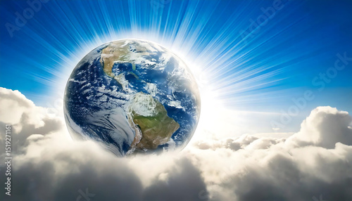 Stunning image of Earth rising above fluffy clouds, bathed in radiant sunlight.  Perfect for environmental, spiritual, or global themes; ideal for websites, presentations, and marketing materials.