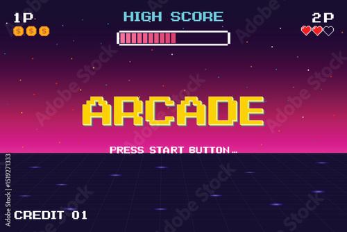 ARCADE. PRESS START BUTTON. pixel art .8 bit game. retro game. for game assets in vector illustrations. Retro Futurism Sci-Fi Background. glowing neon grid and stars from vintage arcade comp