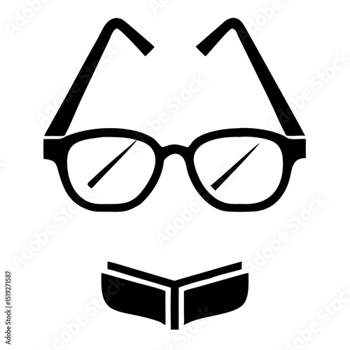 Stylish reading glasses icon with book design.  Reading glasses symbol includes simple spectacles and open book. Perfect reading glasses image for website design, app icon, or branding.