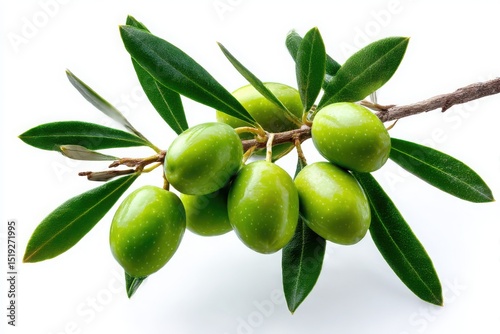 Wallpaper Mural A cluster of fresh, green olives attached to a branch with leaves, isolated on a clean white background Torontodigital.ca