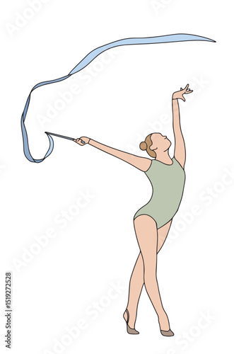 Young professional gymnast performing a ribbon dance. Healthy lifestyle and sport concept for teenagers. Colored doodle style illustration isolated on white background. Hand drawn vector. Vector 