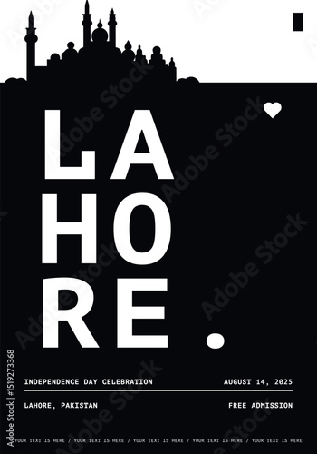 Lahore typography minimalist vector poster for national event, public holiday, independence day, festival layout. Brochure, leaflet, flyer, presentation image template for Pakistan city