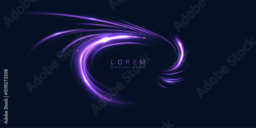 Abstract effect of swirling light of bright purple glow on dark background. Dynamic curved lines of bright rays in motion.