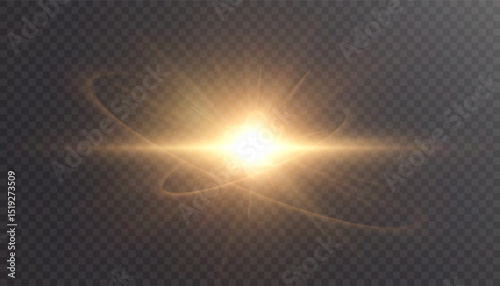 Golden energy explosion with glowing core and swirling light trails on transparent background. Abstract vector light effect.