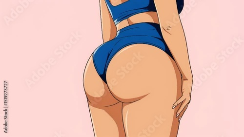 curvy cartoon fitness woman in underwear or bikini showing her womanly figure and bubble butt while turning around