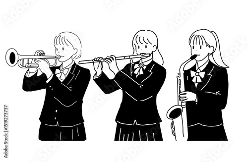 吹奏楽部の女子高生たち（トランペット・フルート・サックス）／モノクロイラスト