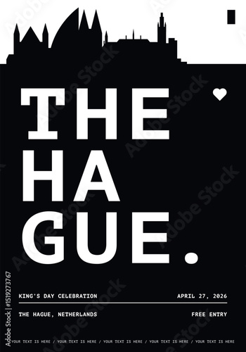 The Hague typography minimalist vector poster for national event, public holiday, independence day, festival layout. Brochure, leaflet, flyer, presentation image template for Netherlands city