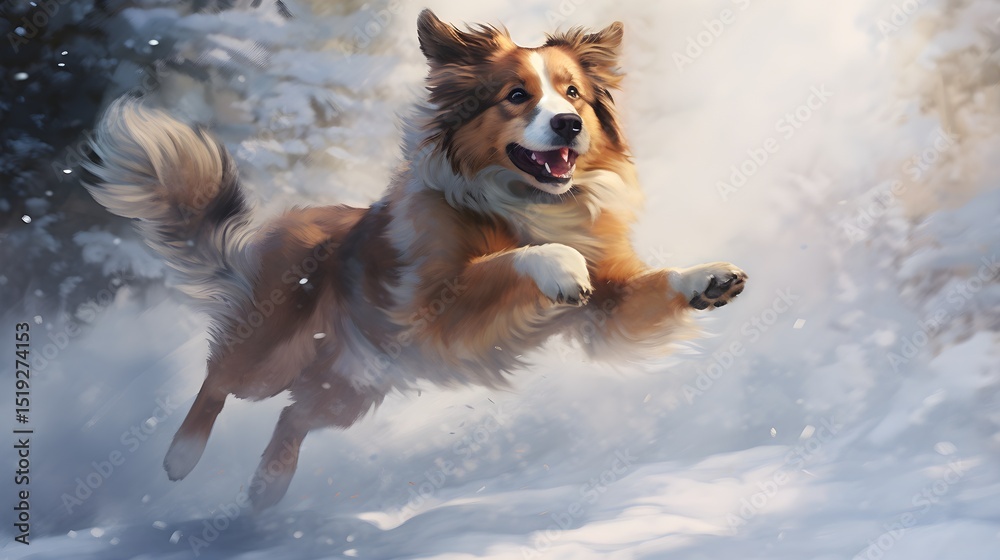 Happy Dog Jumping in Snowy Forest Winter Landscape Happy Dog Jumping in Snowy Forest Winter Landscape