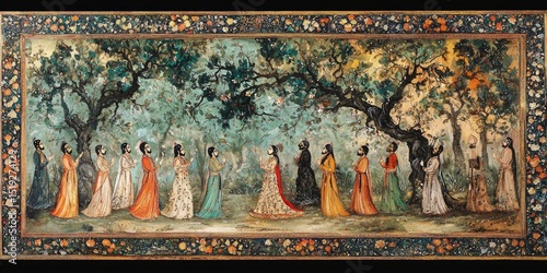 Detailed artwork showing procession of women in colorful robes with trees, birds, and flowers surrounding them in a Persian miniature style. Generative by AI.