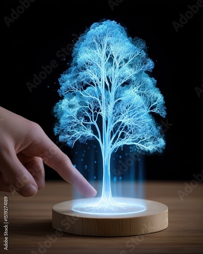 Futuristic Tree with Digital Glow and Human Interaction