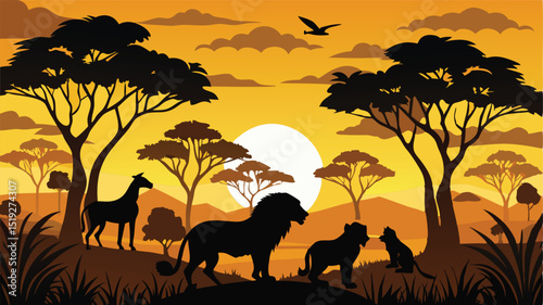 African Safari Silhouette with Lions Giraffe Trees and a Warm Sunset