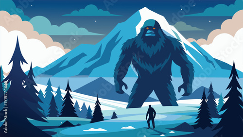A Man Encounters a Giant Bigfoot in a Snowy Mountain Landscape