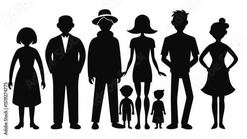 Silhouette of a Family Group with Parents Children and Grandparents