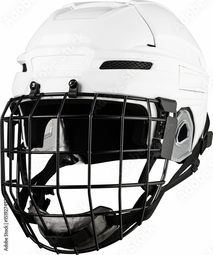 White Protective Ice Hockey Helmet with Transparent Plastic Visor on White Background