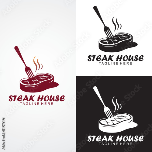 Steak House Logo Design – Grilled Meat, Fork, Smoke, Restaurant Branding Icon