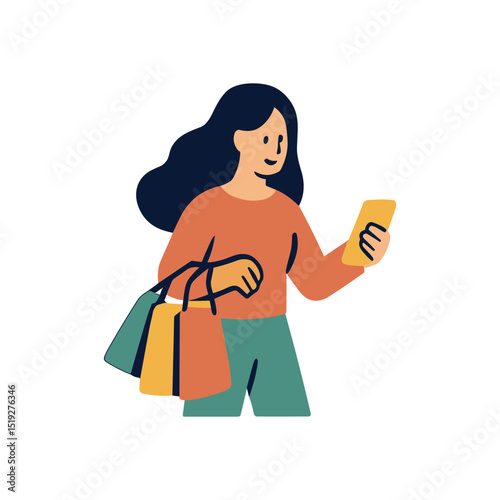 Shopper checking phone with shopping bags illustration design element