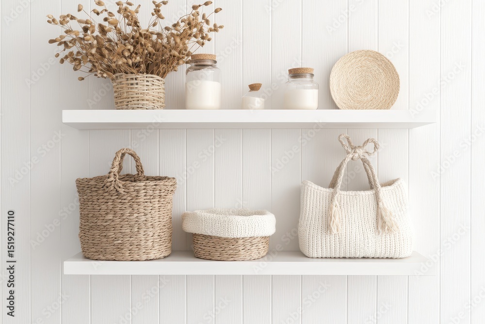 Fototapeta premium Kids room interior concept. Modern shelf display with woven baskets and decorative elements on a white wooden background.