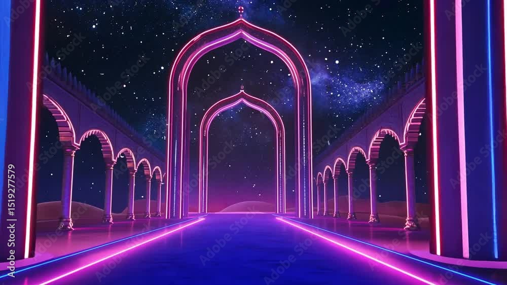 Neon-lit Arches in a Desert Night Sky