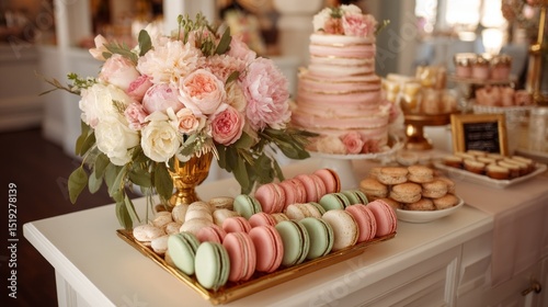 Wallpaper Mural Delicate pink and white flowers in a golden vase complement a beautiful cake and an array of colorful macarons on a decorated dessert table during a festive occasion Torontodigital.ca