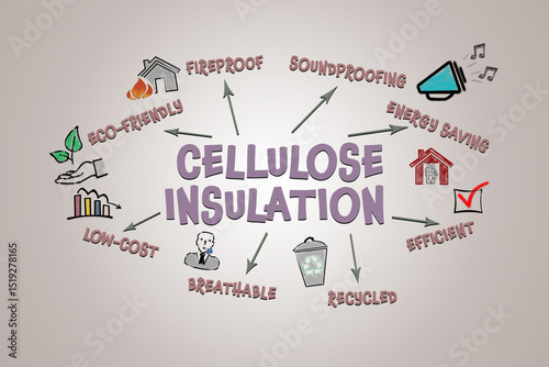 CELLULOSE INSULATION Concept. Illustration with icons, keywords and arrows