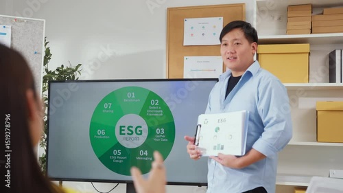 Business professionals sit in a modern office discussing ESG strategy, brainstorming agile solutions with corporate charts, data graphs, and convergent planning for sustainable success