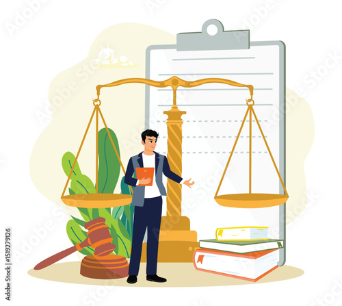 Professional lawyer representing justice with scales, legal books, gavel, and documents.