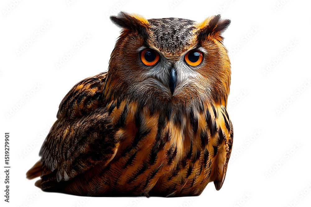 Obraz premium Eurasian eagle owl side angle perched, head to tail in frame, sharp eyes and feathers visible, isolated on transparent background 