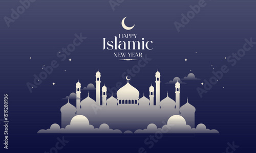 Elegant Happy Islamic New Year with Mosque Silhouette, Crescent Moon. Perfect for Muharram, Hijri New Year, Islamic holiday Celebrations, Banners, Invitations, Social Media Posts, and more.