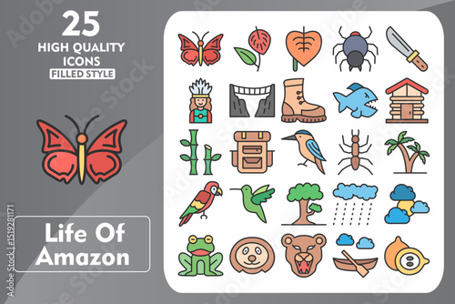 Life of Amazon Line Filled Icon Set. Incleded Icons utterfly, Bag, Rain, Cloudy, Blue Jeans Frog, Sloth, Puma, Canoe, Caimo, Anthurium. Vector Icons Collection