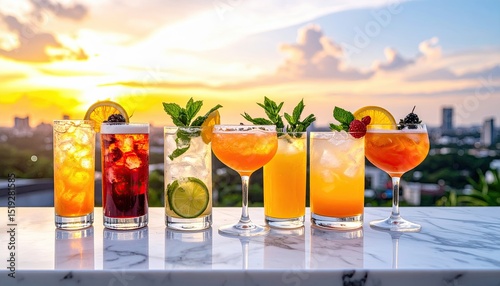 Variety of colorful cocktails on a marble table against a vibrant sunset backdrop highlighting refreshing summer drinks