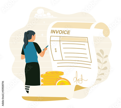 A woman fills out a payroll invoice remotely.