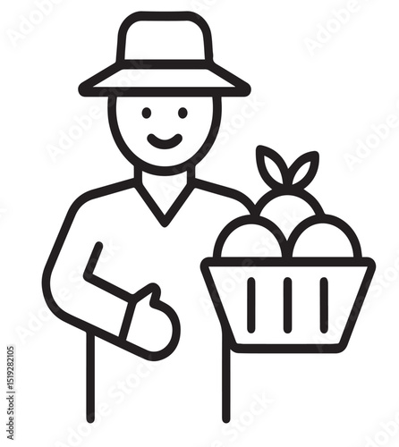 Happy Farmer Line Icon Holding Basket of Fresh Produce – Outline Agriculture Illustration