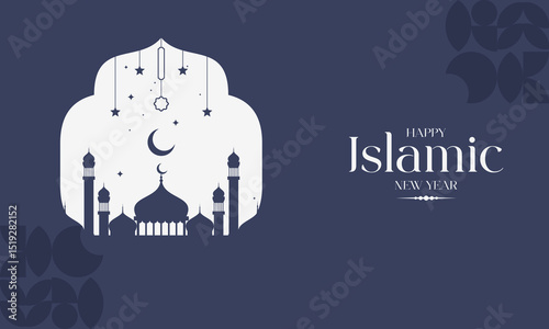 Happy Islamic New Year Background with Mosque Silhouette, Crescent Moon. Perfect for Muharram, Hijri New Year, Islamic holiday Celebrations, Banners, Invitations, Social Media Posts, and more.