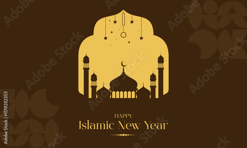 Happy Islamic New Year Background with Mosque Silhouette, Crescent Moon. Perfect for Muharram, Hijri New Year, Islamic holiday Celebrations, Banners, Invitations, Social Media Posts, and more.