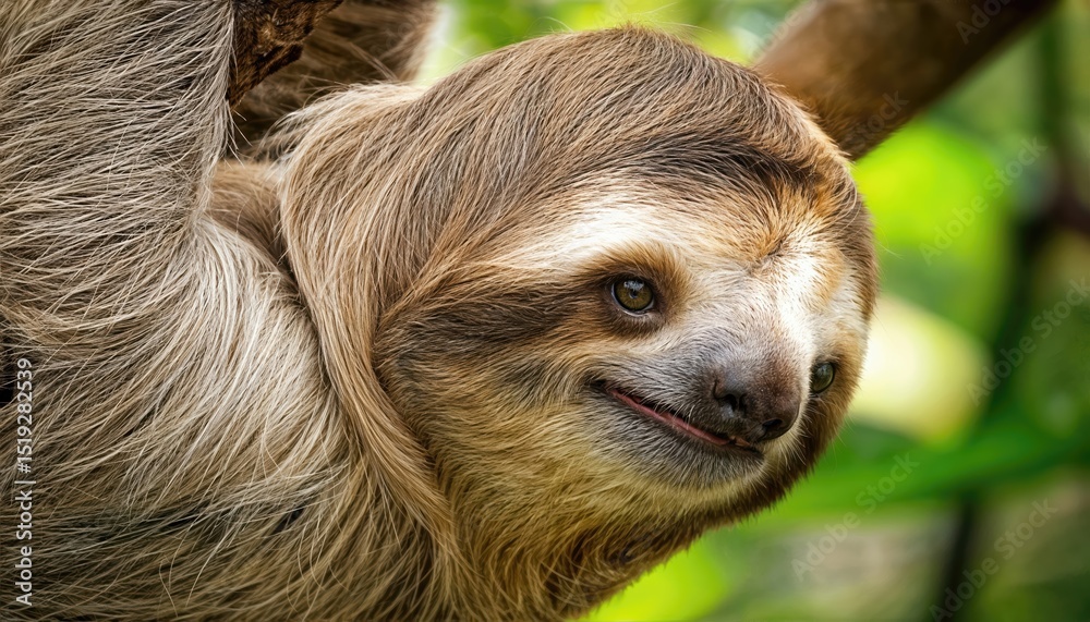 Fototapeta premium Majestic ThreeToed Sloth in Intimate Forest Encounter, Captured at Gigapixel Clarity, Showcasing the Tender Grace and Camouflaged Beauty of a Lazy Afternoon in a Dense Rainforest